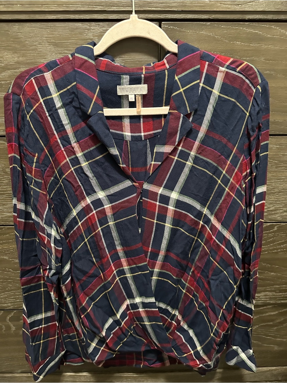 1. State Navy & Red Plaid Button-Down Twist-Hem Blouse